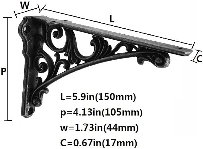 Decorative Shelf Bracket 6 inch, Rustic Black Iron Brackets for Shelving, Heavy Duty Vintage, DIY Projects, Hardware Included, 4 Pack, 5.9x4.17x1.73 inch,Baroque Style