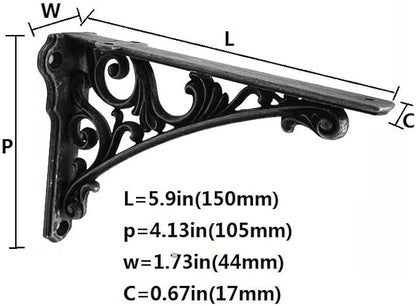 Decorative Shelf Bracket 6 inch, Rustic Black Iron Brackets for Shelving, Heavy Duty Vintage, DIY Projects, Hardware Included, 4 Pack, 5.9x4.17x1.73 inch,Baroque Style