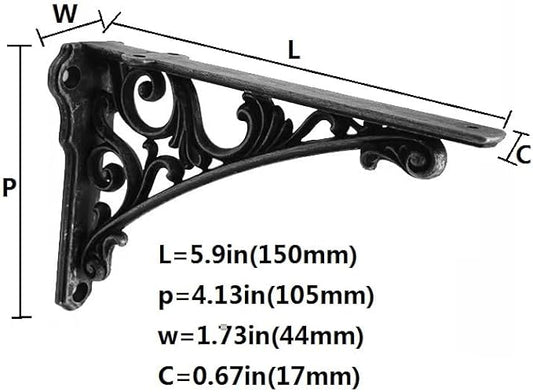 Decorative Shelf Bracket 6 inch, Rustic Black Iron Brackets for Shelving, Heavy Duty Vintage, DIY Projects, Hardware Included, 4 Pack, 5.9x4.17x1.73 inch,Baroque Style