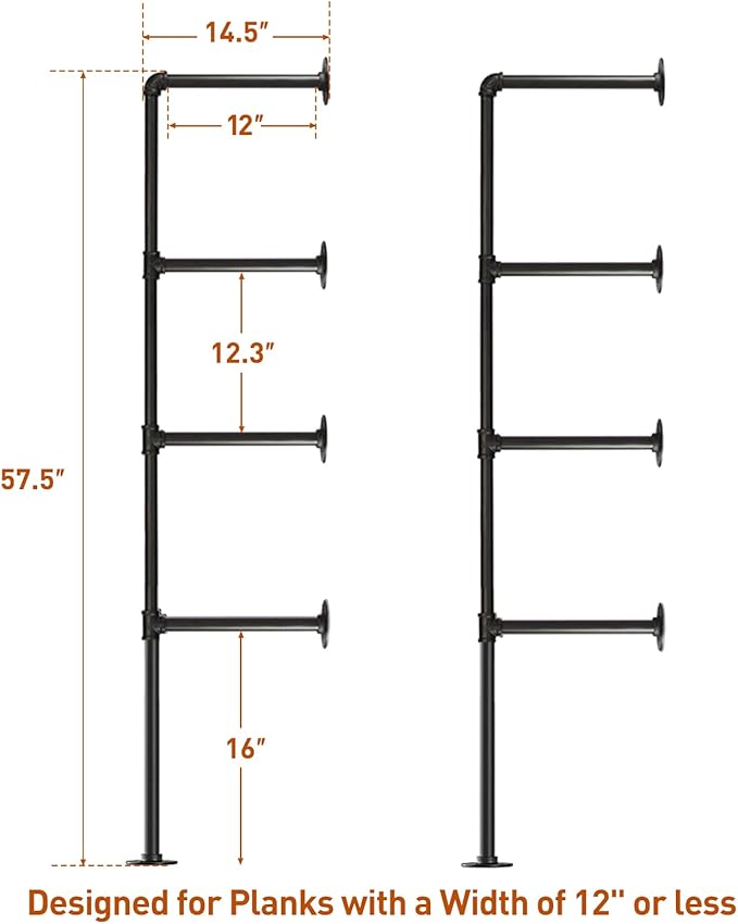 HITOMEN Industrial Iron Pipe Shelves, 2 Set 4-Tier 57.5" Tall 12" Depth, DIY Open Bookshelf Bookcase, Wall Mounted Vintage Retro Shelving, Rustic Farmhouse Pantry Kitchen Storage, Black Shelf Brackets