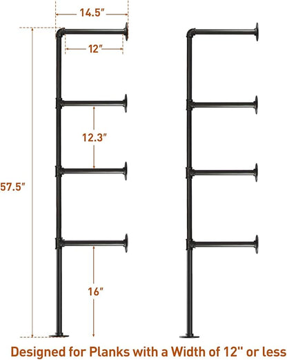 HITOMEN Industrial Iron Pipe Shelves, 2 Set 4-Tier 57.5" Tall 12" Depth, DIY Open Bookshelf Bookcase, Wall Mounted Vintage Retro Shelving, Rustic Farmhouse Pantry Kitchen Storage, Black Shelf Brackets