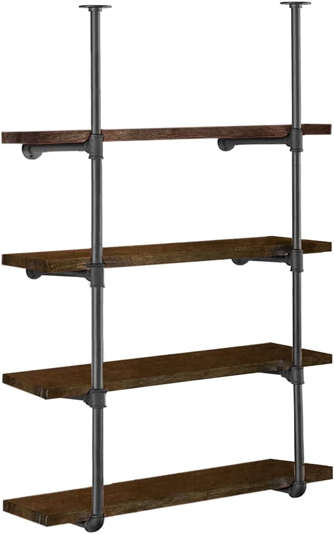 HITOMEN Industrial Iron Pipe Shelves, 2 Set 4-Tier 57.5" Tall 12" Depth, DIY Open Bookshelf Bookcase, Wall Mounted Vintage Retro Shelving, Rustic Farmhouse Pantry Kitchen Storage, Black Shelf Brackets