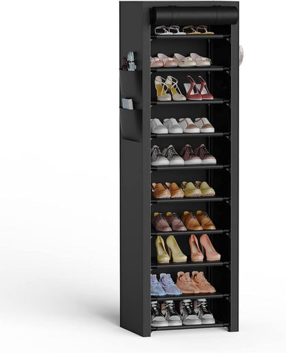 VTRIN Vertical Narrow Shoe Rack Organizer 10 Tier Tall Shoe Shelf Holds 20-22 Pairs with Non-Woven Dustproof Cover for Closet, Entryway Black