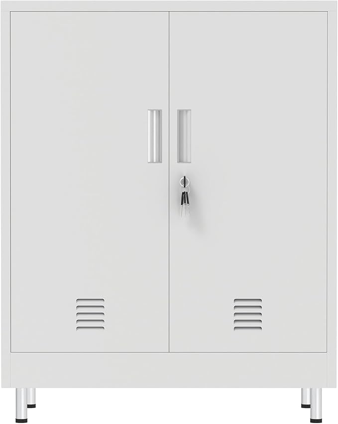 Metal Storage Cabinet with Locking Doors and 2 Adjustable Shelves, Lockable Storage Cabinet for Home Office Garage Pantry Living Room (White)