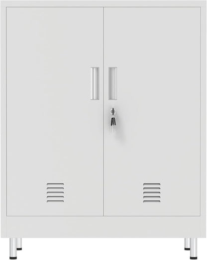 Metal Storage Cabinet with Locking Doors and 2 Adjustable Shelves, Lockable Storage Cabinet for Home Office Garage Pantry Living Room (White)