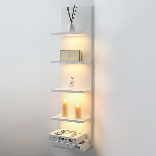 5 Tier Wall Shelf Unit, White Shelves,Lack Shelf, Wall Shelves for Bedroom，Office,Bathroom, Vanity Shelves with LED Light