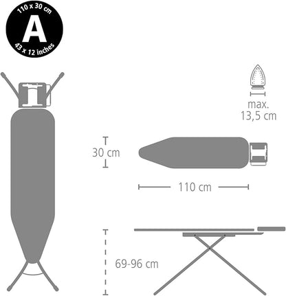 Brabantia Size A Compact Small Ironing Board (43x12 in) 7 Height Options, Adjustable Steam Iron Rest Holder (Morning Breeze) Non-Slip Feet, Anti-Collapse Child Locks