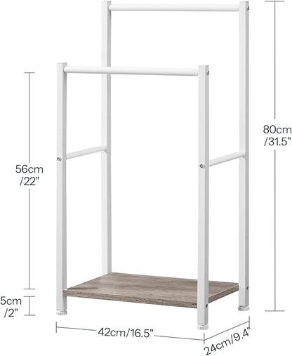 HOOBRO Free Standing Towel Rack for Bathroom, 2 Tier Blanket Rack, 16.5" L x 9.4" W x 31.5" H, Blanket Holder, Drying and Display Rack with Shelf, White and Grey WG02LB01