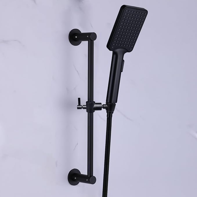 Shower Slide Bar Adjustable Handheld Shower Head Holder Wall Mount - 15inch All-Metal Shower Head Slide Bar Compatible with Bathroom Drill Free Glue Installation - Black