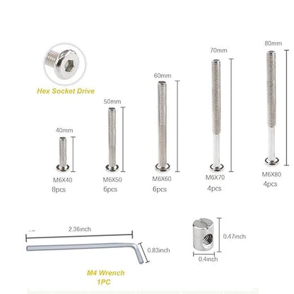 56pcs Baby Bed Crib Screws Hardware Replacement Kit- M6x40mm/ 50mm/ 60mm/ 70mm/ 80mm Hex Drive Socket Cap Screws Barrel Nuts Assortment Kit for Beds Headboards Chairs Furniture.