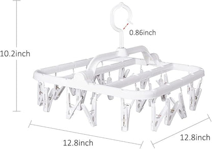 Foldable Plastic Hangers with 26 Drying Clips, Underwear Hanger with Clips, Plastic Laundry Clip and Drip Drying Hanger for Socks, Bras, Lingerie, Clothes, Sturdy, White, 2pc