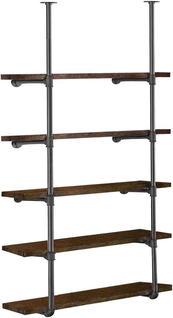 HITOMEN Industrial Iron Pipe Shelves, 2 Set 5-Tier 70.5" Tall 12" Depth, DIY Open Bookshelf Bookcase, Wall Mounted Vintage Retro Shelving, Rustic Farmhouse Pantry Kitchen Storage, Black Shelf Brackets