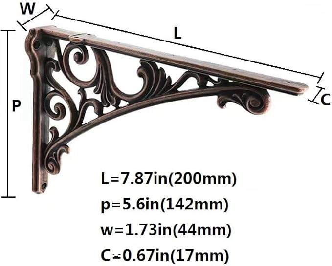 Decorative Shelf Bracket 8 inch, Antique Copper Brackets for Shelving, Heavy Duty Vintage, DIY Projects, Hardware Included, 4 Pack, 7.87x5.6x1.73 inch,Baroque Style