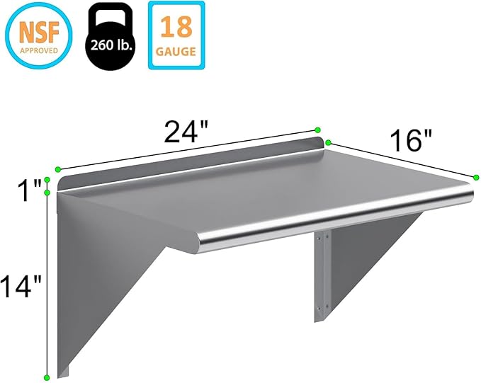 NSF Certified 18 Gauge Heavy Duty Stainless Steel Wall Shelf with Brackets for Kitchens, Utility Rooms, Storage, Offices & Home (24"x16")