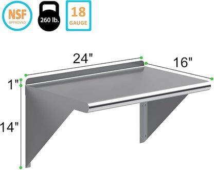 NSF Certified 18 Gauge Heavy Duty Stainless Steel Wall Shelf with Brackets for Kitchens, Utility Rooms, Storage, Offices & Home (24"x16")