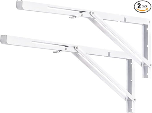 YUMORE 24 Inch Folding Shelf Brackets, Heavy Duty L Bracket, White DIY Collapsible Shelf Bracket for Workbench Folding Table Hinge, Max Load: 330lb, 2 Pack
