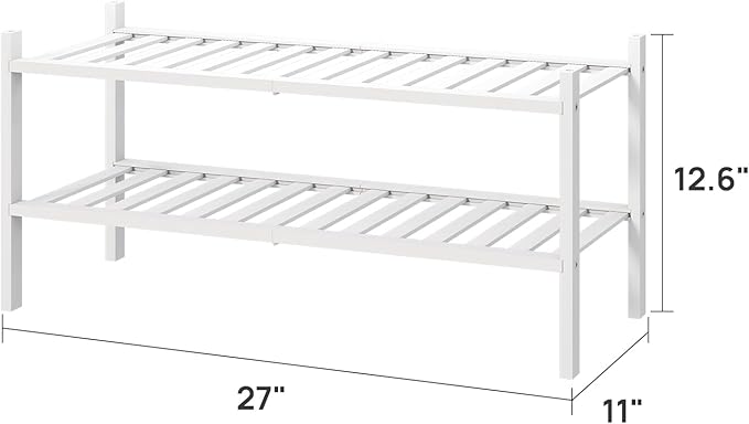 White Shoe Rack for Entryway, 2 Tier Shoe Organizer for Hallway Closet, Bamboo Wood Shoe Racks for Indoor Outdoor (White, 2-Tier)