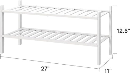 White Shoe Rack for Entryway, 2 Tier Shoe Organizer for Hallway Closet, Bamboo Wood Shoe Racks for Indoor Outdoor (White, 2-Tier)