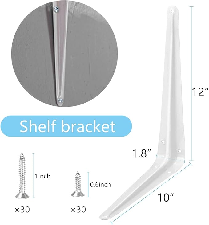 Shelf Bracket 12×10 in, 10 PCS White Shelving Brackets, L Brackets for Shelves Shelf Install, Bookshelf, Garden Boards