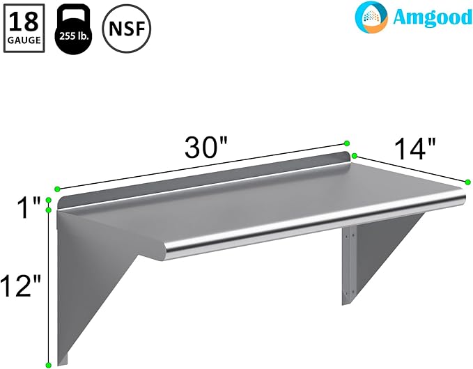 AmGood 14 in. x 30 in. Stainless Steel Wall Shelf | NSF | Metal Shelving | Garage, Laundry, Storage, Utility Room | Restaurant, Commercial Kitchen