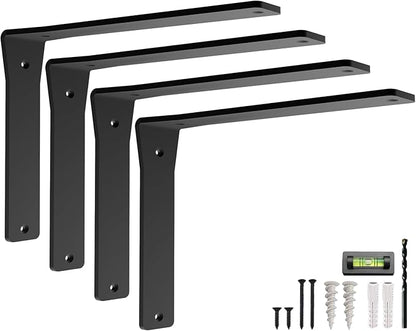 4 Pack Heavy Duty Shelf Brackets 8 Inch by Balin Designs – Decorative L Bracket for Shelves, Metal Shelf Support Bracket, Wall Mounted Countertop Iron Corbels, Floating Black Shelving Brackets