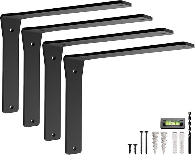 4 Pack Heavy Duty Shelf Brackets 10 Inch by Balin Designs – Decorative L Bracket for Shelves, Metal Shelf Support Bracket, Wall Mounted Countertop Iron Corbels, Floating Black Shelving Brackets