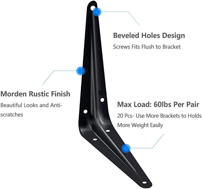20 Pack Shelf Brackets 6 x 5 Inch, Heavy Duty Black Metal Floating Shelf Bracket, Rustic Farmhouse Decorative Iron L Bracket, J Brackets Wall Angel Corner Brace for Wood Shelves
