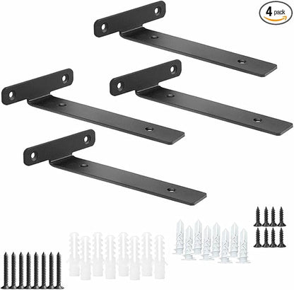 4 Pack Floating Shelf Brackets,6 Inch Heavy Duty Industrial Wall Shelf Bracket,Black Metal Hidden L Brackets for Shelves Support