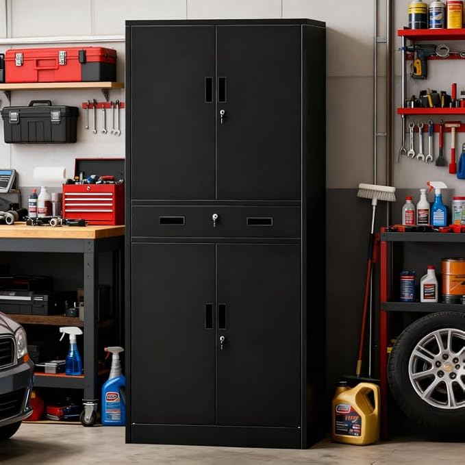 Metal Storage Cabinets with 1Drawer, 71" Storage Cabinet with 4 Locking Doors and 2 Adjustable Shelves, Steel Storage File Cabinet for Pantry Home, Kitchen, Office, Garage (Black)