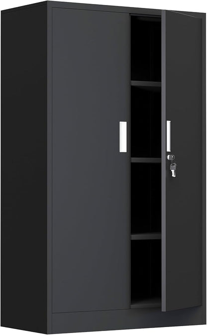 Metal Storage Cabinet with Locking Doors and 3 Adjustable Shelves, Lockable Storage Cabinets for Home Office Garage Kitchen Pantry (Black)