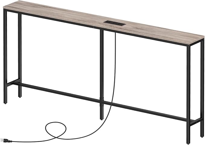 Skinny Console Table with Power Outlets, 63" Narrow Sofa Table, Behind Couch Table with Charging Station, Sofa Hallway Table for Plants, Living Room CTHG165E01
