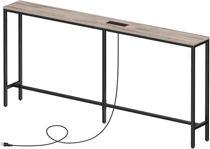 Skinny Console Table with Power Outlets, 63" Narrow Sofa Table, Behind Couch Table with Charging Station, Sofa Hallway Table for Plants, Living Room CTHG165E01