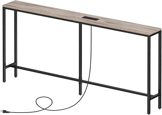Skinny Console Table with Power Outlets, 63" Narrow Sofa Table, Behind Couch Table with Charging Station, Sofa Hallway Table for Plants, Living Room CTHG165E01
