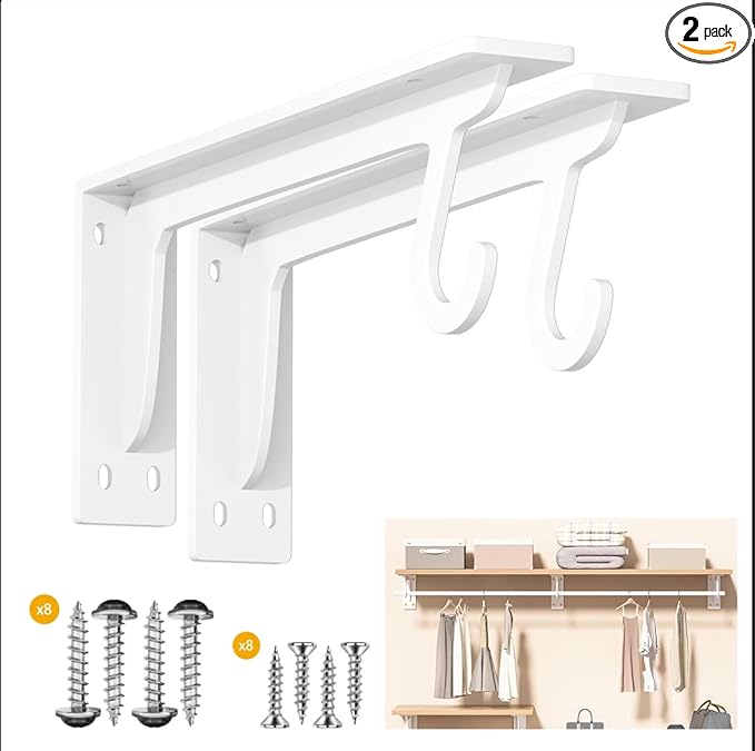 Closet Rod Support Bracket White WYGWP 14 inch Heavy Duty Shelf Brackets with Rod Holders Support 400lbs Wall Mounted Sturdy 2 Pack