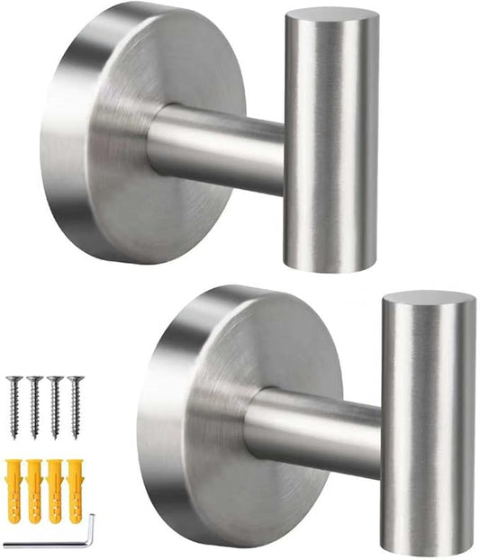 2 Pack Brushed Nickel Towel Hooks, SUS304 Stainless Steel Bathroom Hooks for Bedroom Kitchen Hotel Office