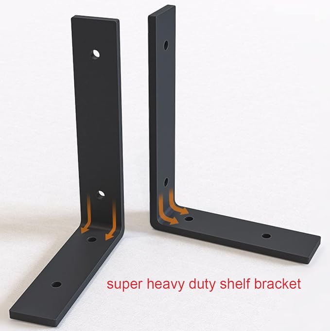 Heavy Duty Shelf Brackets 8 inch Rustic L Black Shelf Brackets 8 x 6 inches Metal Iron Industrial Shelf Bracket - L8 x H 6" x W 1.5" - 4 Pack