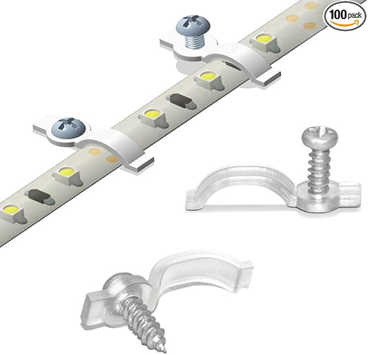 100 Pack Strip Light Mounting Brackets,Fixing Clips,One-Side Fixing,100 Screws Included (Ideal for 10mm Wide Waterproof Strip Lights)