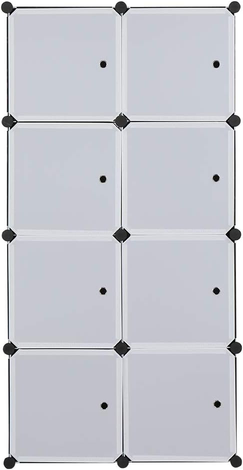 8 Cube Organizer Stackable Plastic Cube Storage Shelves Design Multifunctional Modular Closet Cabinet with Hanging Rod White Doors and Black Panels