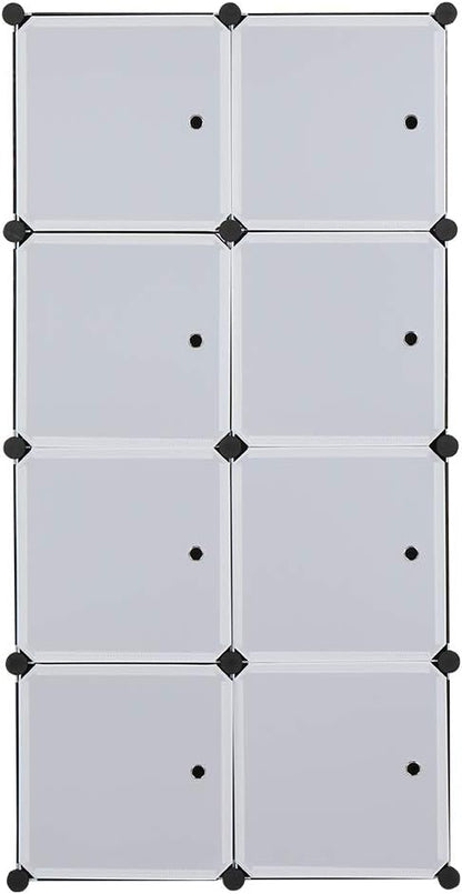 8 Cube Organizer Stackable Plastic Cube Storage Shelves Design Multifunctional Modular Closet Cabinet with Hanging Rod White Doors and Black Panels