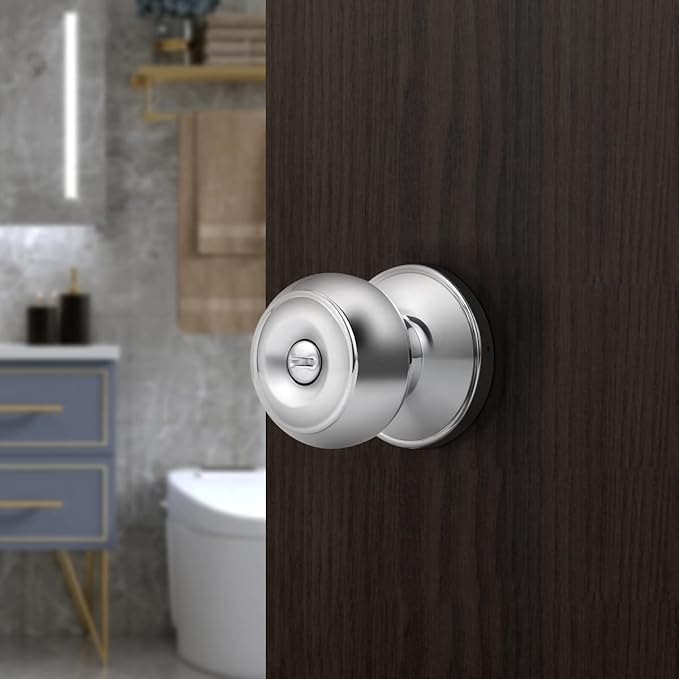 Probrico Door Knobs 2 Pack, Modern Polished Chrome Finish Door Handles with Solid Adjustable 60-70mm Lacth, Interior Doorknob Privacy Locking for Bathroom Bedroom