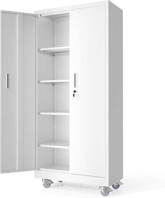 VINGLI Rolling Metal Storage Cabinet with Adjustable Shelves, 71'' Tall Garage Storage Cabinet with Wheels, Locking Tool Cabinets for Home Office Garage Gym School (White)