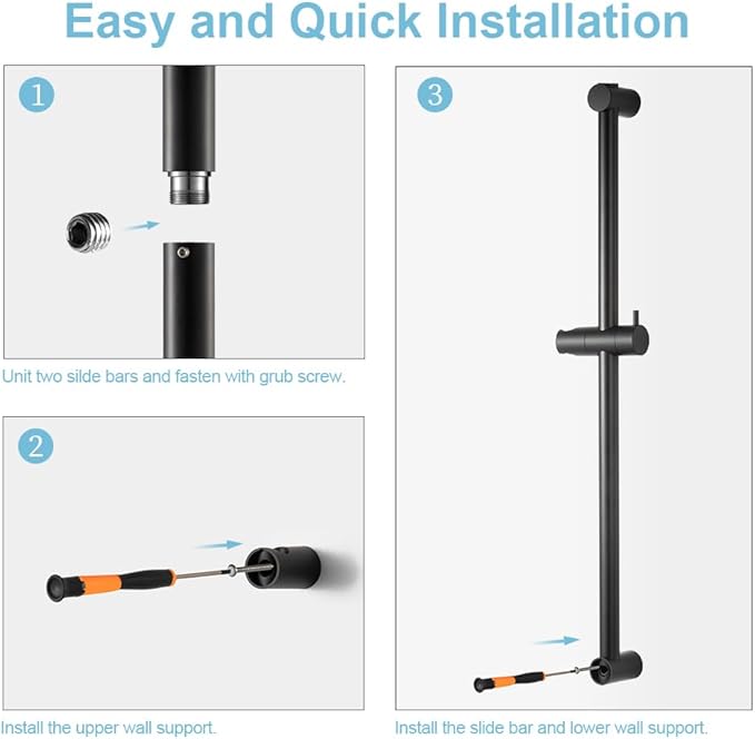 OFFO Shower Slide Bar 33 in Segmental Slide Bar Adjustable Installation Distance 20-32 in with 360° Adjustable Handheld Shower Head Holder for Bathroom, Screw Wall Mounted, Matte Black (Pack of 2)