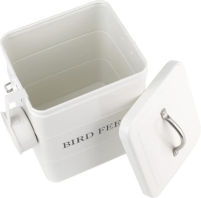 DEAYOU Pet Food Storage Tin with Lid, Metal Bird Seed and Feed Container with Serving Scoop, Treats Storage Canister Bin Can for Dogs, Cats Food, Coated Carbon Steel, Tight Fitting Lid, White, 5-6 Lbs