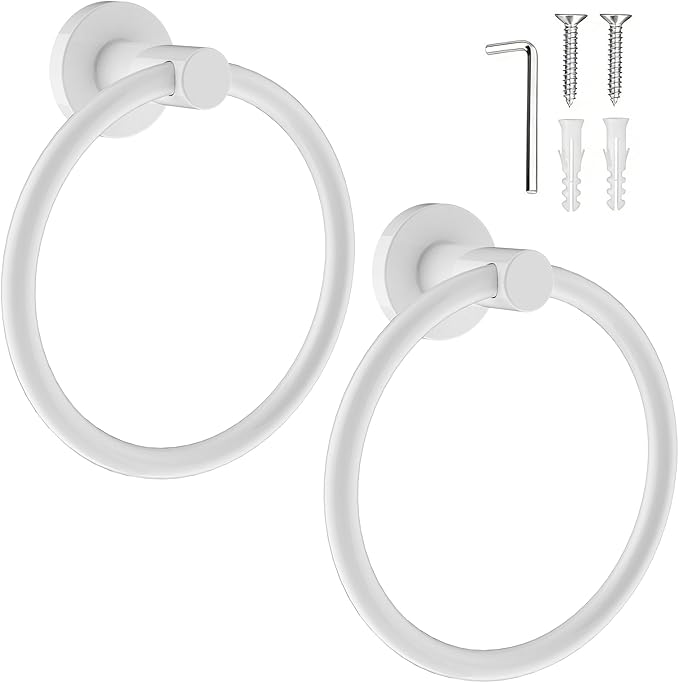 SetSail Towel Holder for Bathroom Wall Screw-in White Towel Ring Stainless Steel Heavy Duty Hand Towel Hanger for Bathrooms, Kitchen, 2 Packs