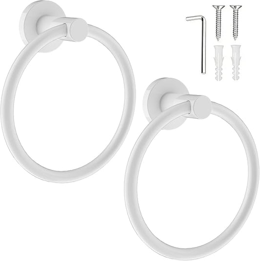 SetSail Towel Holder for Bathroom Wall Screw-in White Towel Ring Stainless Steel Heavy Duty Hand Towel Hanger for Bathrooms, Kitchen, 2 Packs