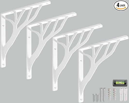 Rustic Tree White Heavy Duty Shelf Brackets 10 inch by Balin Designs, Decorative L Brackets, Iron Metal Floating Shelf Bracket, Wall Mount Shelving Bracket, Included Hardware, Set of 4