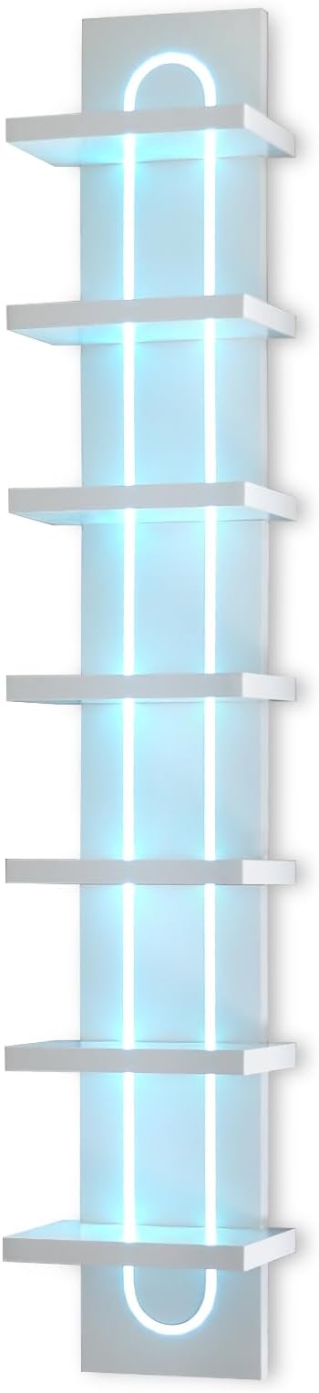 7 Tier Wall Shelf Unit with Light-Small Floating Shelves for Home Decor, Modern Unique Asymmetric Design for Bedroom & Living Room Storage