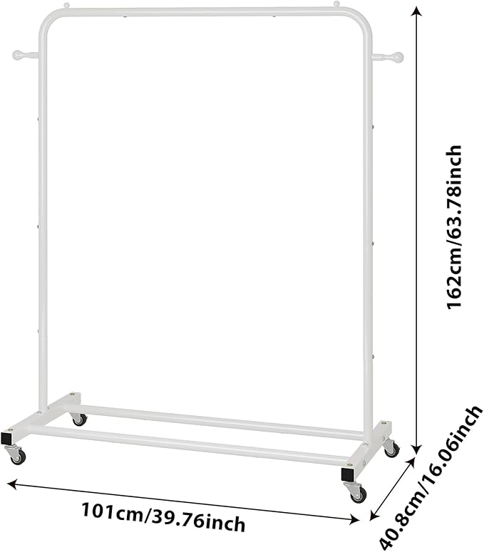 Sywhitta Clothing Rack on Wheels with Storage Shelf & Sturdy Metal Frame, Retail Clothing Rack for Hanging Clothes, Coats, Skirts,Space-Saving Mobile Organizer for Closet, Bedroom, Laundry Room, White