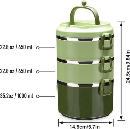SANQIAHOME 3 Tier Stackable Stainless Steel Lunch Box Sealed(green, 3 layers) with spoon and fork
