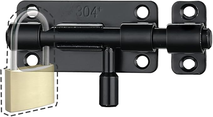 JQK Door Security Slide Latch Lock Barrel Bolt, 304 Stainless Steel Sliding Gate Latches Thickened 1.4mm with Padlock Hole, Black, 2 Pack HBB120-BK-P2